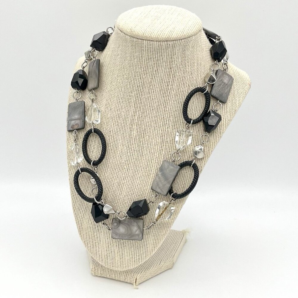 Lia Sophia Statement Necklace Black Gray Beads Geometric Jewelry Long 19” Bold